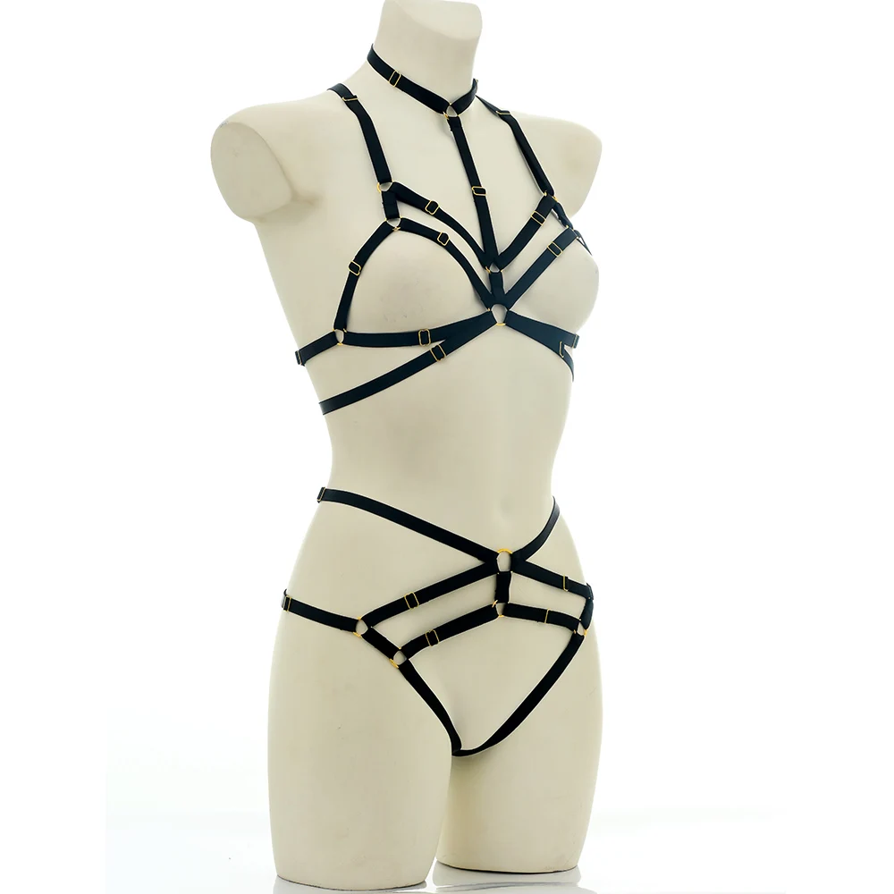 Cosplay Costume Hollow Elastic Adjust Body Harness Cage Bra G-string Lingerie Set Rave Wear Women Halloween Sexy Bondage Body Cage Harness