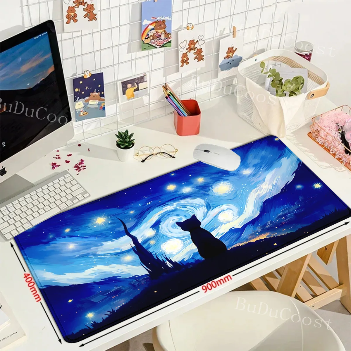 Sternenhimmel Katze großes Mauspad Gummi XXL Gamer Mauspad Computer Gaming Zubehör Home Decor Büro rutschfeste weiche Schreibtischmatten – Detail 3