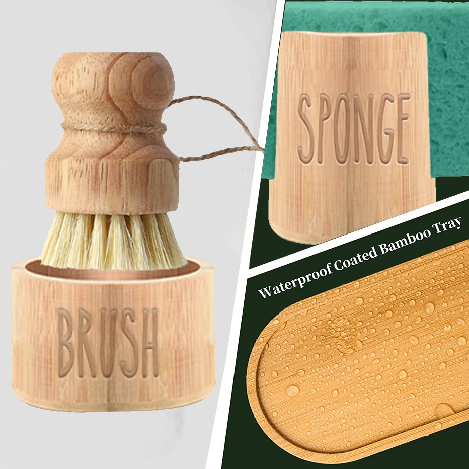 Kitchen Dish Brush Sponge Caddy Holder Set with Tray Farmhouse Home Countertop Dish Brush Rack Kitchen Accessories dishwashing brush