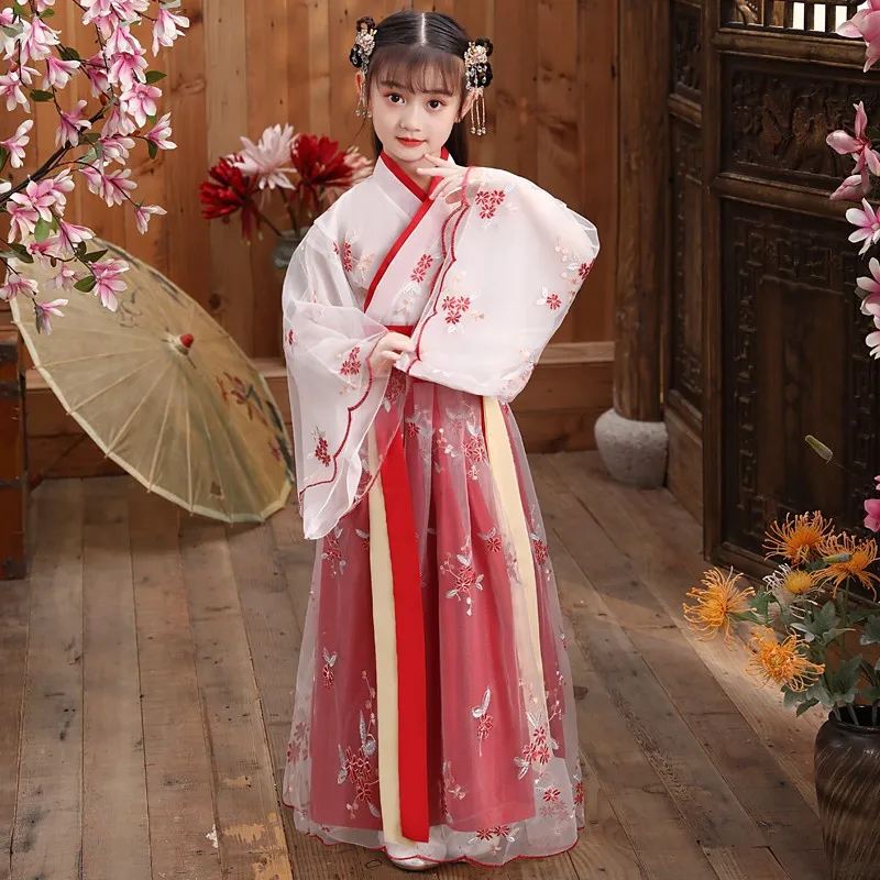 pink chinese Folk Dance new year clothes traditional hanfu Children girls kids dragon dress ancient Stage Carnival costume