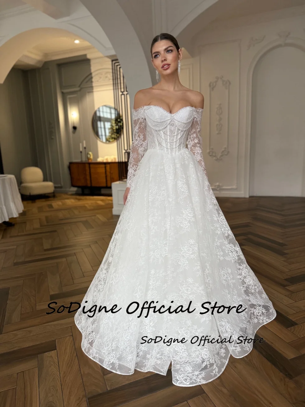  SoDigne A-line Lace Wedding Dresses Off Shoulder Long Sleeves Bridal Dress 2026 Boho Bride Gown Vestidos De Novia Customized