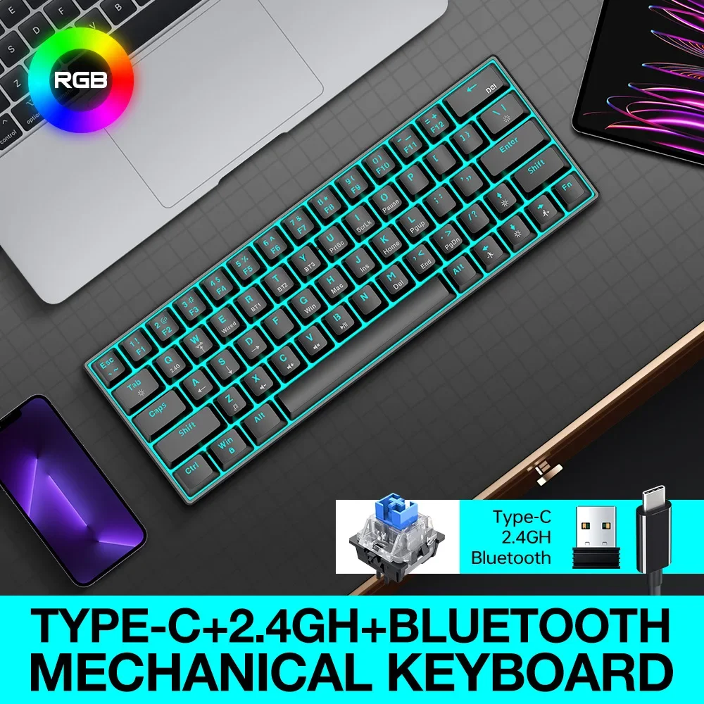 

Механическая клавиатура T30, проводная/беспроводная клавиатура с RGB подсветкой, 2,4 ГГц, Bluetooth, для планшета, настольного компьютера, для киберспорта, для игр, клавиатура с 63 клавишами