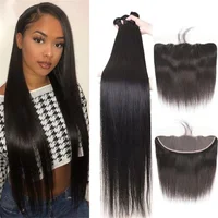 Human Hair Bundles with Frontal 3 Bundles with 13x4 Lace Frontal Free Part 12A Straight Hair 100% Brazilian Virgin Human Hair Bu