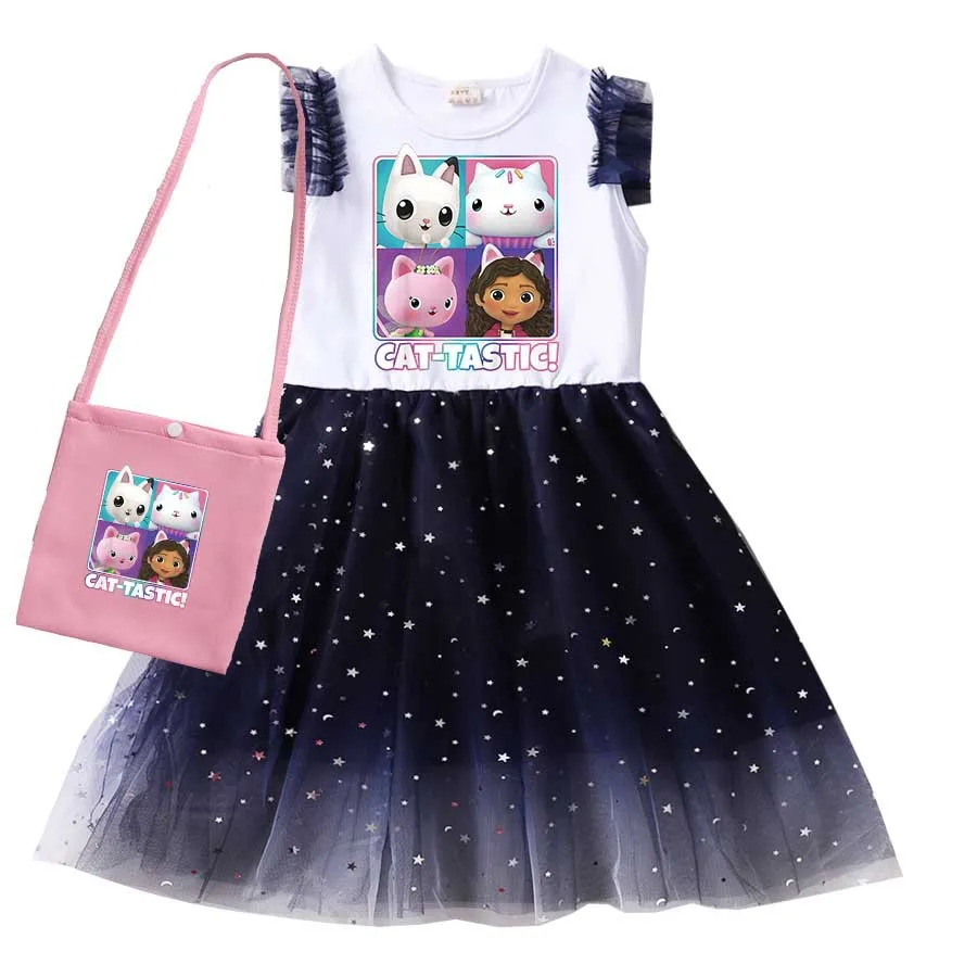 

New Summer Gabby's Dollhouse Clothes Baby Girls Princess Dresses+Bag Kids Cartoon Gabby Cats Short Sleeves Wedding Party Dress