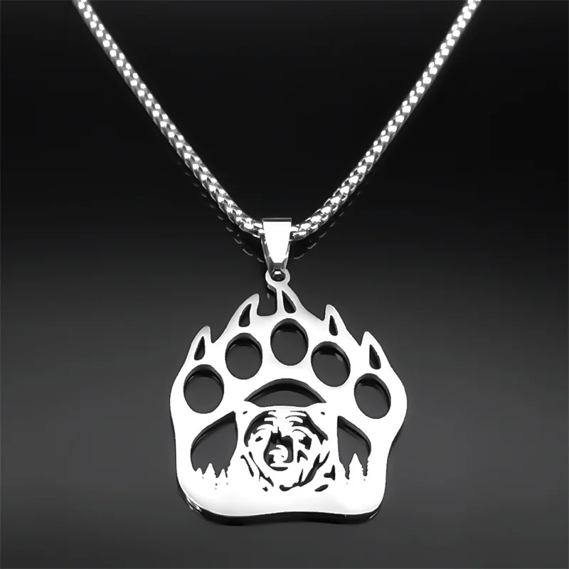 Niedliche Tierpfoten-Bärenkopf-Anhänger-Halskette für Damen und Herren, silberfarbene Edelstahlkette, Halsketten, Schmuck, Collares NZZZ533S1 – Detail 5