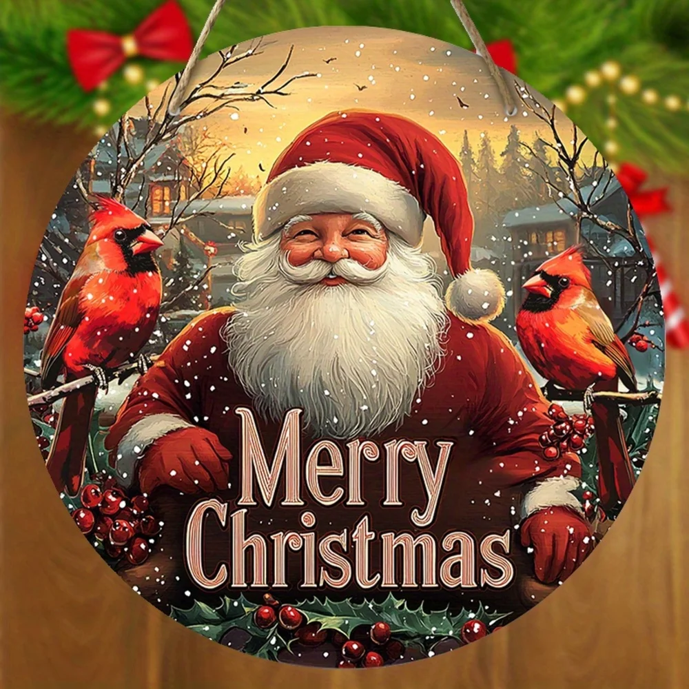 Christmas Cardinal Wooden Wreath Sign – Festive Hanging Santa Claus Holiday Door & Wall Decoration 4