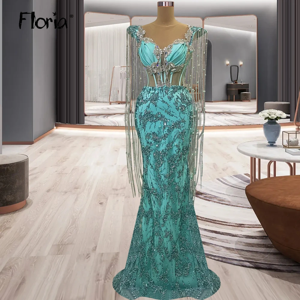 

Couture Long Crystals Tassel Party Dress Women Turquoise Celebrity Prom Dresses Birthday Wear Formal Evening Dresses Mermaid