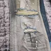 men retro dirty wash paints distressed broken patchwork slight flare jeans 2