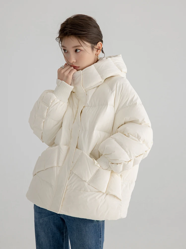 Warm Pink Hooded duck down jacket for women 2023 Autumn winter Long sleeve puffer coat loose Korean style Overcoat INKEO 3O177