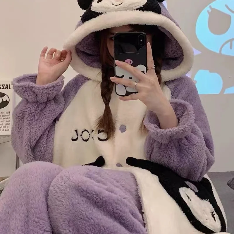 

Sanrio Kuromi Melody Pajamas Y2k Plush Clothes 2 Piece Women Soft Flannel Pants Kawaii Home Coral Black Fleece Sleepwear Suit