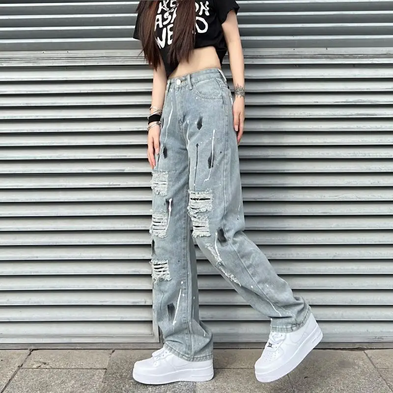 Korean Splatted Ink Torn Wash Jeans Button High Waist Trendy Versatile Loose Straight Leg Wide Leg Casual Pantalones De Mujer