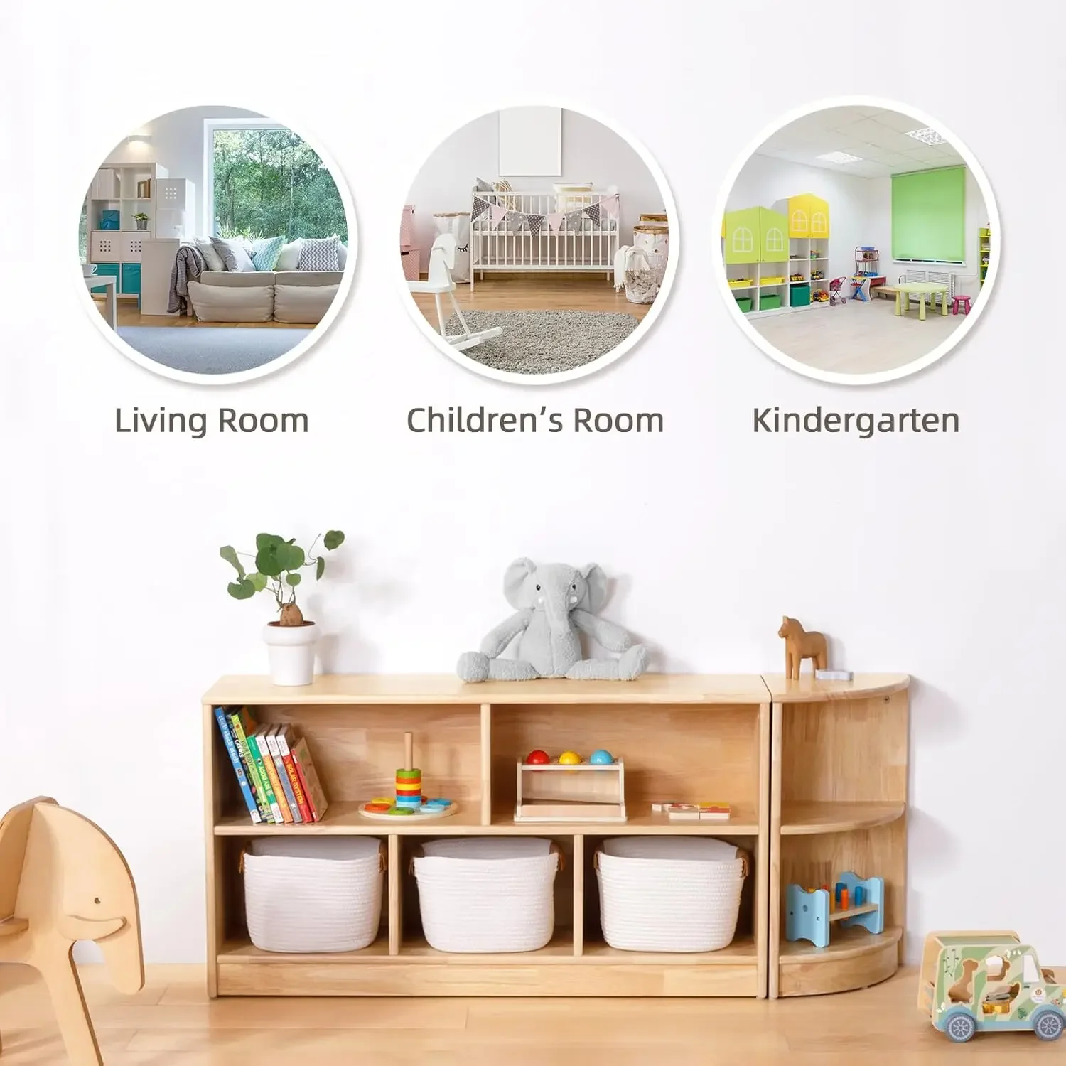 Rubber Wood 5-Compartment Montessori Shelf, 2-Tier Toy Organizers and Storage,for Kids Room, Playroom,Classroom, Kindergarten