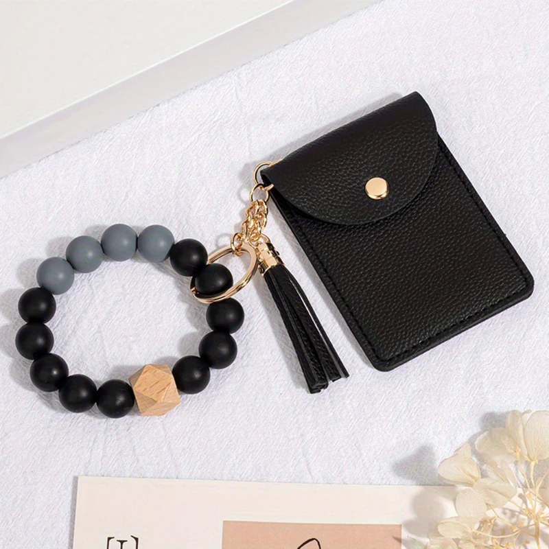 1PC Women Multi Card Wallet Coin Wallet Silicone Bead Bracelet Solid Card Bag Wristlet Keychain Tassel Wallet images - 6