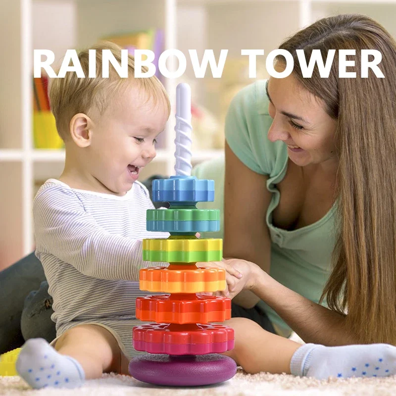 Rotated Rainbow Tower Stacking Music Color Nesting Ring 3+ Years Old Montessori Turn Turret Puzzle Early Education Toys Gift