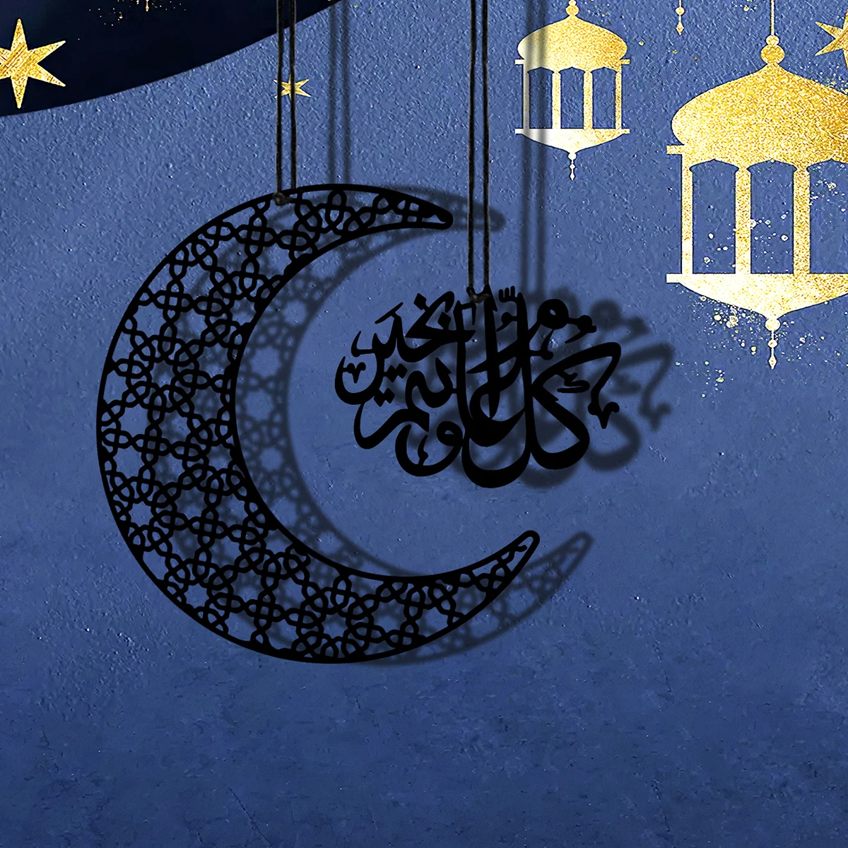 1PC, amadan (رمضان) creative black home interior hanging wood carving moon-shaped solid wood hanging decoration