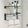 Glass Bathroom Shelf with Towel Bar 15.7in Bathroom Wall Shelves Rustproof Metal Bathroom Wall Organizer 2-Tier 1