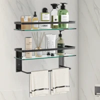 Glass Bathroom Shelf with Towel Bar 15.7in Bathroom Wall Shelves Rustproof Metal Bathroom Wall Organizer 2-Tier 1