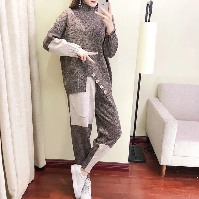 

High Collar Patchwork Knitted 2 Piece Sets Women Loose Design Split Pullover Sweaters Suits Splicing Harem Pants Tracksuit N308