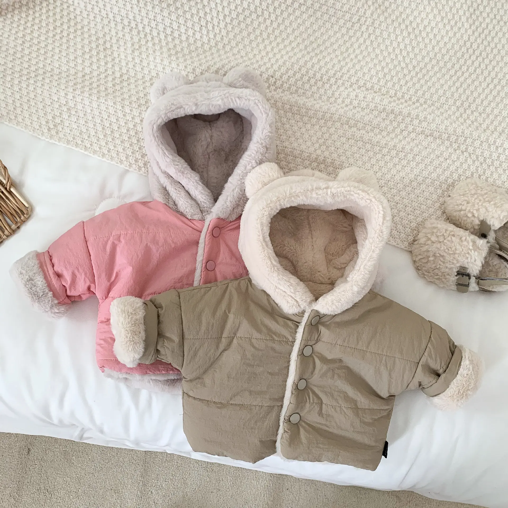 Children Clothing Korean Style Boys Girls Baby Thick Solid Color Hooded Top Winter New Cartoon All Match Casual Warm Coat