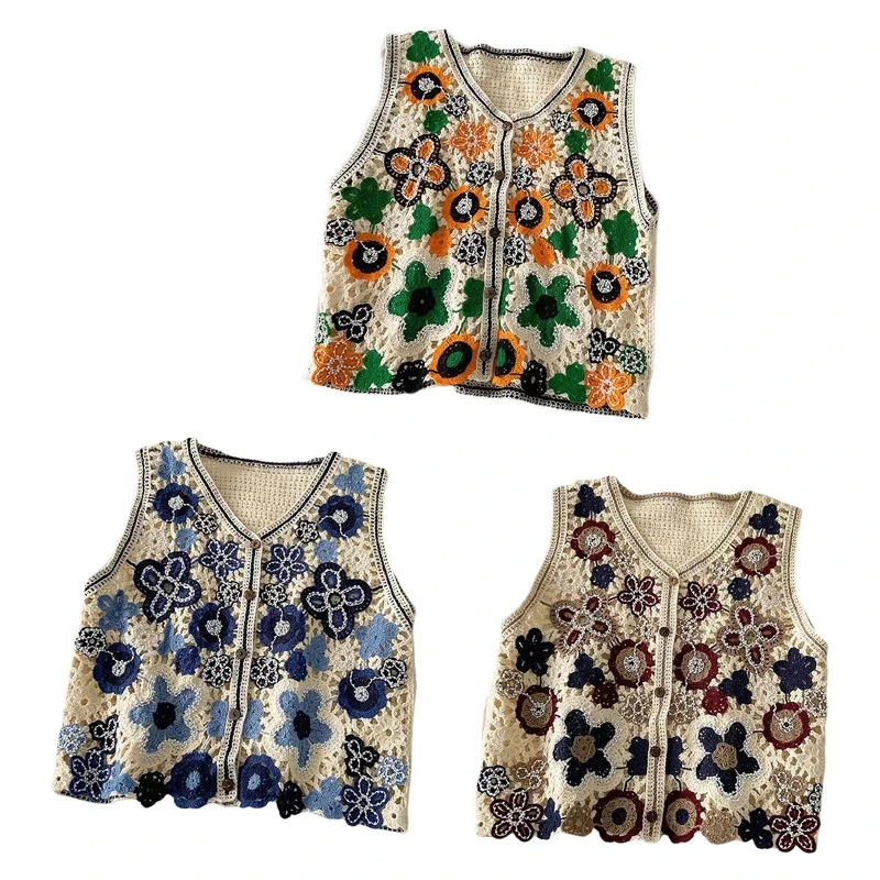 

Women Hollow Crochet Knit Vest Waistcoat Beaded Floral Button Crop Cardigan Top DropShip