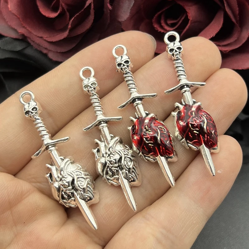 

6Pcs Punk Gothic Skull Sword Charm Pendant Sword Piercing Heart Pendant Earring DIY Handmade Necklace Jewelry Making Accessories