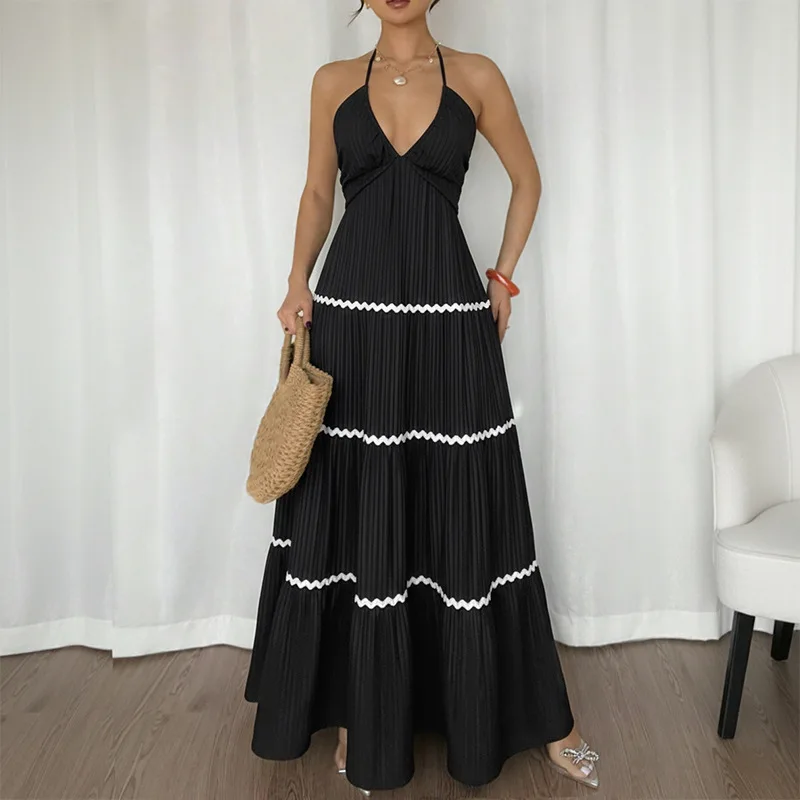 Simple long dress for women, new style, color-matching beach trend, sleeveless V-neck, draped collar, full-length dress
