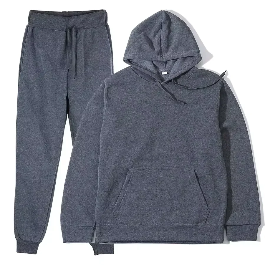 Unisex solid color fleece hoodie and pants two‑piece sports set for autumn and winter 06