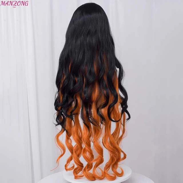 Parrucca Cosplay Kamado Nezuko - Lunga Ricciola Gradiente Nero-Arancione Con Cappello - Foto 7