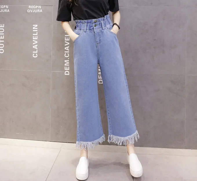 Spring Women's Pants 2022 Fashion Korean Style Student Younth Pants Tassels Cuff High Waist Jeans For Girls Ninth Jeans Femme black jeans
