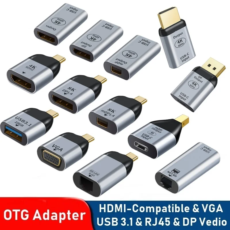 노트북 휴대폰 맥북 프로용 USB C 타입 HDMI 호환 어댑터, USB 3.1, DP, VGA, 미니 DP, RJ45, 4K, 8K, 60Hz 비디오 전송 USB-C