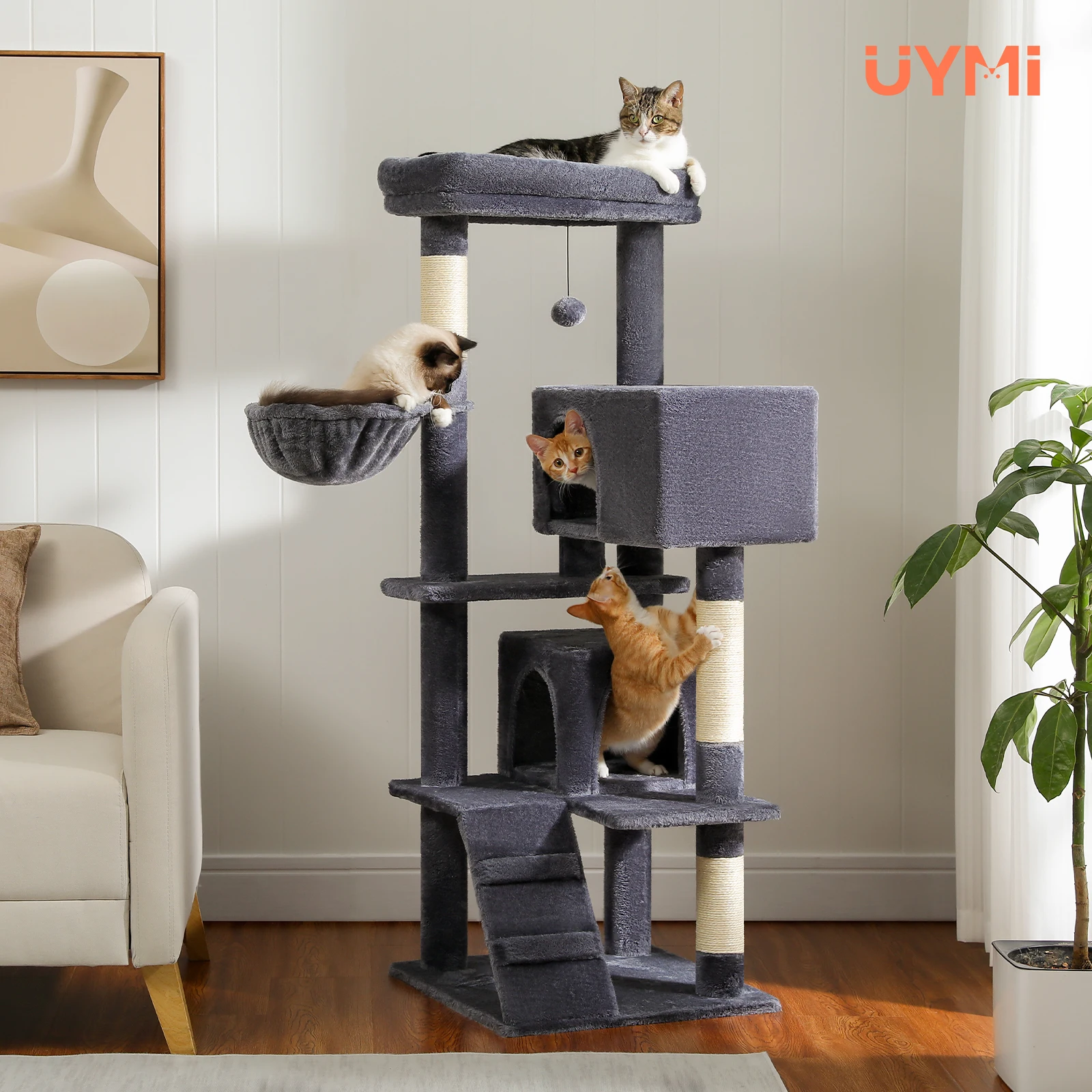 Dunkelgrauer Kratzbaumturm mit oberer Sitzstange, natürlichen Kratzbäumen, interaktiver Pompom, gemütliche Hängematte und Eigentumswohnung, Katzenmöbel, Katzenspielzeug – Detail 9