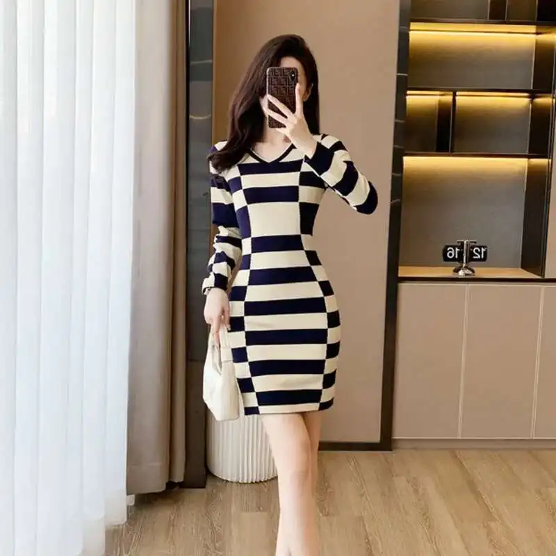 Knee Short Dress With Long Cardigan 0946 Pencil Plaid Sweater