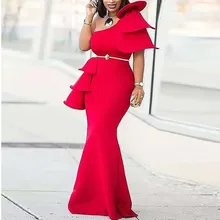 

Red Maxi Dress Women One Shoulder 2022 Spring Fashion Ruffles Wave Cut Backless Sexy Female Elegant Evening Formal Party Dresses