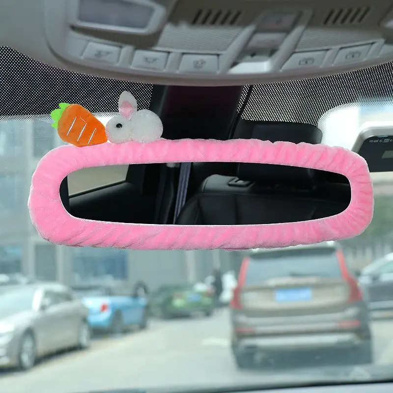 Car Plush Rabbit Rearview Mirror Cover Auto Interior Rearview Mirror Decor Cover Universal Car Accessories