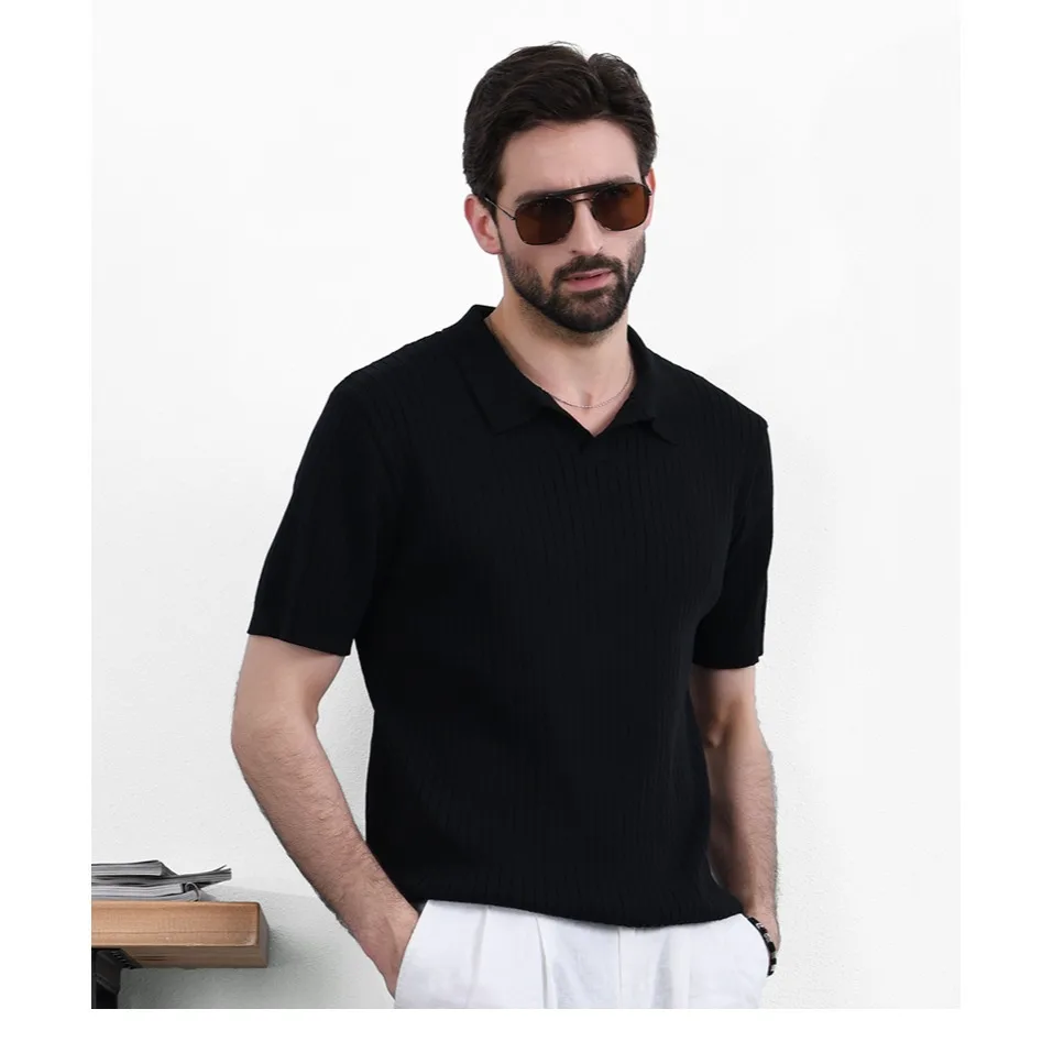 Polo da uomo in maglia a maniche corte 2026, estivo, sottile, a righe verticali, slim-fit, casual, elasticizzato - immagine 3