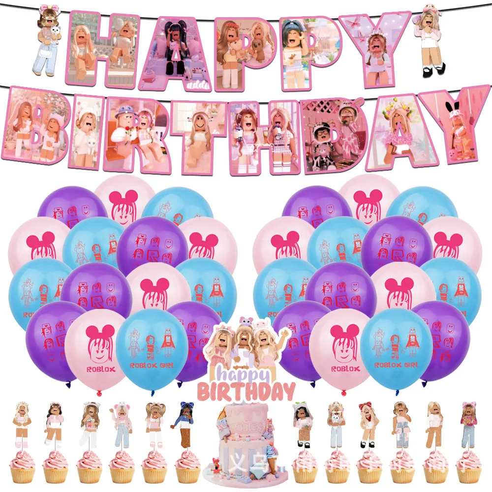 ROBLOX Virtual World Sandbox Pink Girl Birthday Theme Party Decoration Balloon Flag Cake Insert Holiday Party Girl Cute Party