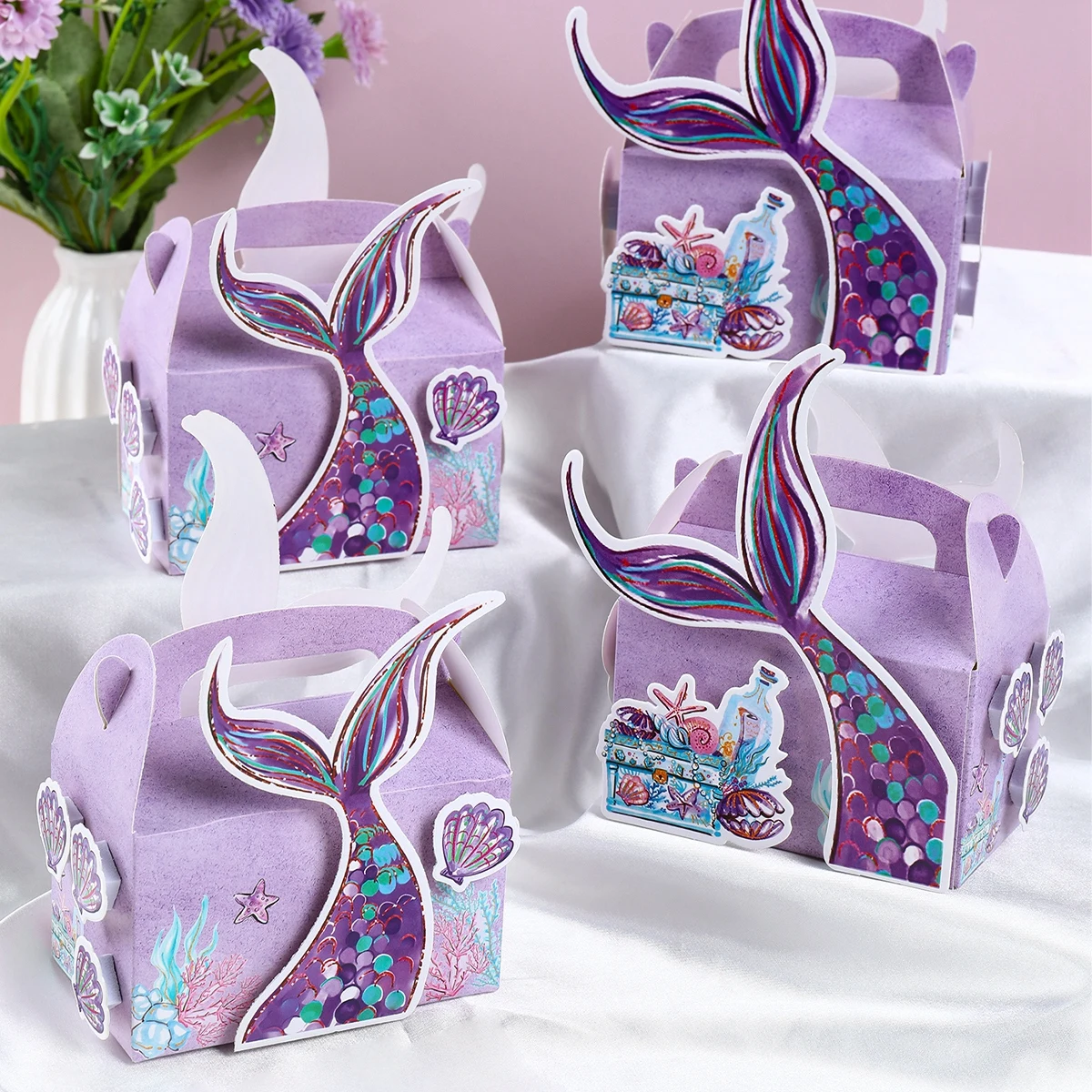 4pcs DIY Mermaid Candy Box Underwater World Favor Gift Box Biscuit Cake Baking Packaging Bags Wedding Birthday Party Decoration