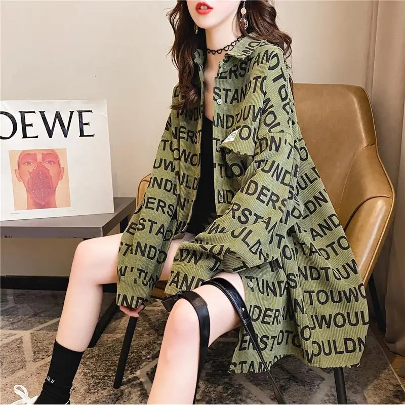 Spring New All-match Loose Corduroy Shirt Tops Long Sleeve Polo Neck Letter Printing Blouse Trend Fashion Casual Women Clothing new summer trend men s suit casual beach shorts set printing short outfit ordinary o neck t shirt sea view 3d 2 piece jogging