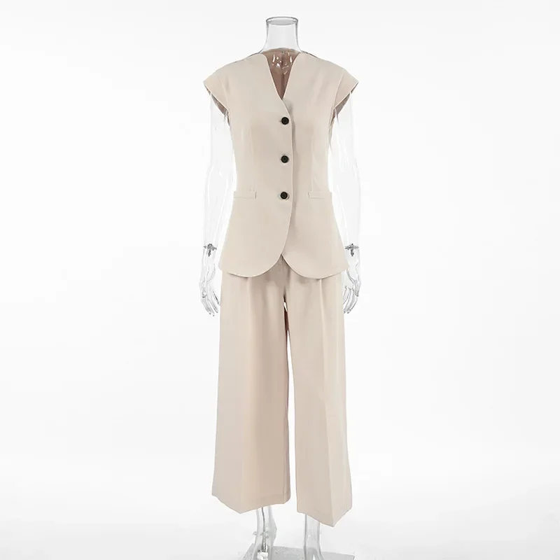 Elegant Waistcoat Pants Set For Women 2 Pieces Single Breasted Tank Wide Leg Trousers 2025 Spring Summer Lady Commute Outfits