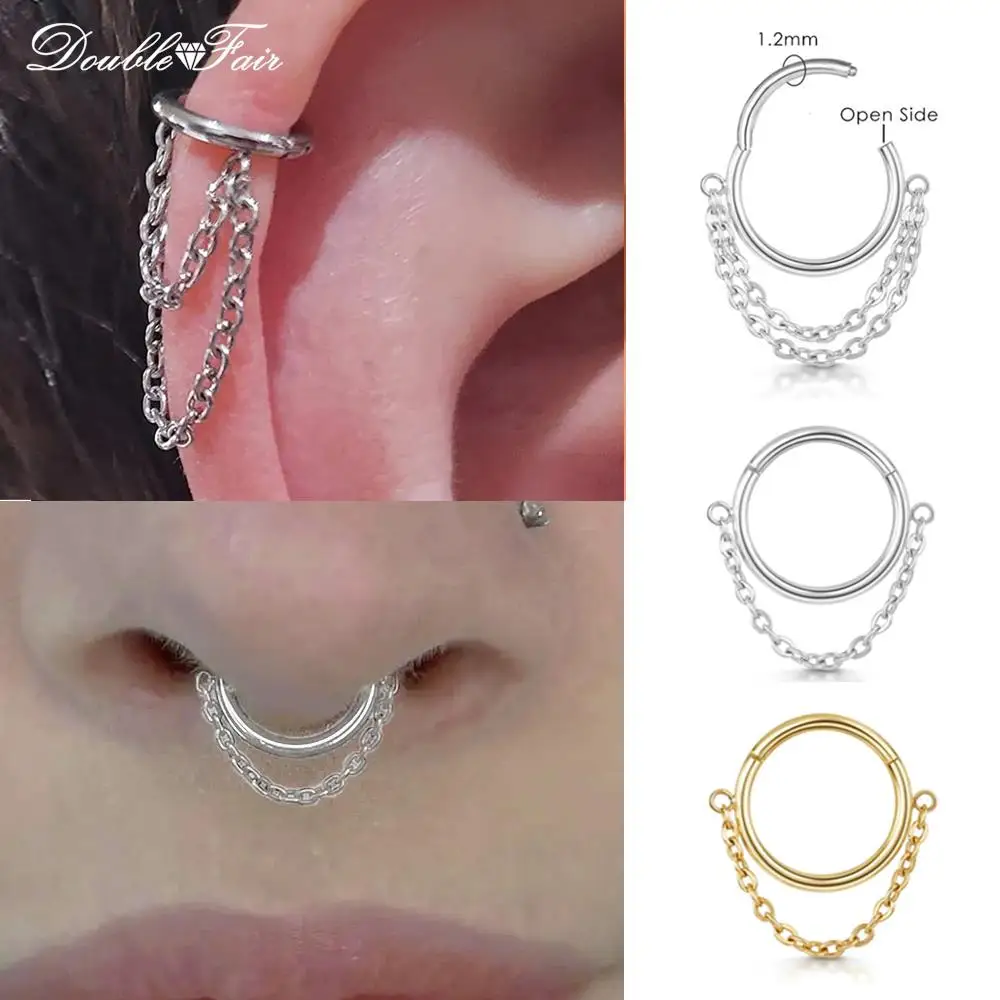 Stainless Steel Hanging Segment Clicker Septum Ring With Chain Piercing Nose Ear Ring Cartilage Helix Earring for Unisex Jewelry
