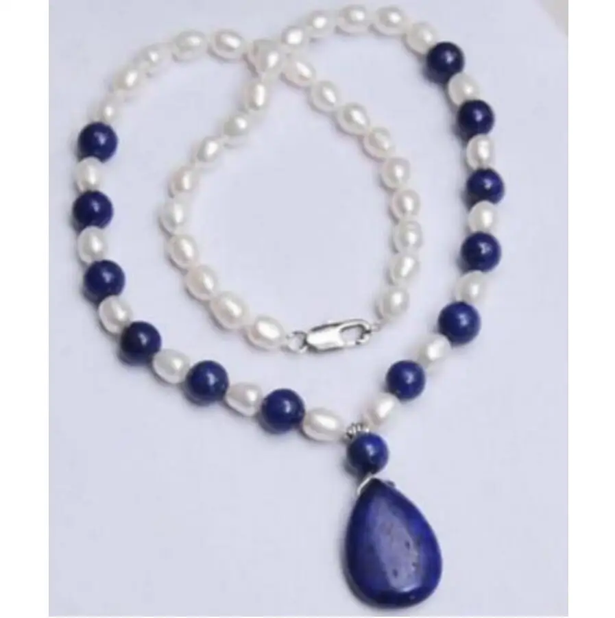 

Jewelry Natural 7-8MM White Akoya Pearl & Lapis Lazuli Pendant Necklace 18"