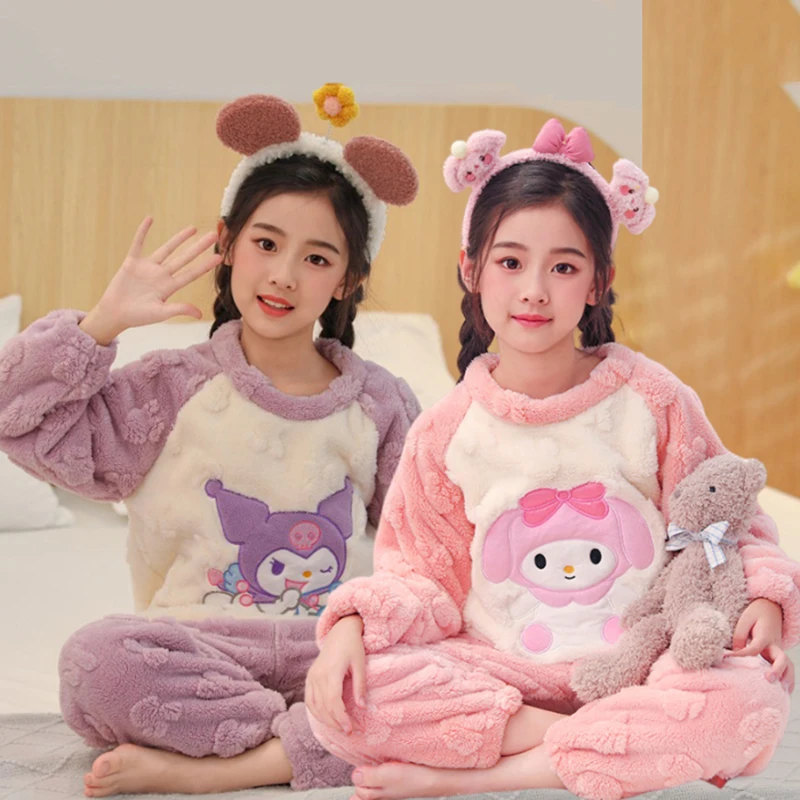 

New Kawaii Sanrio Kuromi Cinnamoroll My Melody Children Winter Pajamas Pochacco Cute Coral Velvet Thickened Boy Girl Homewear