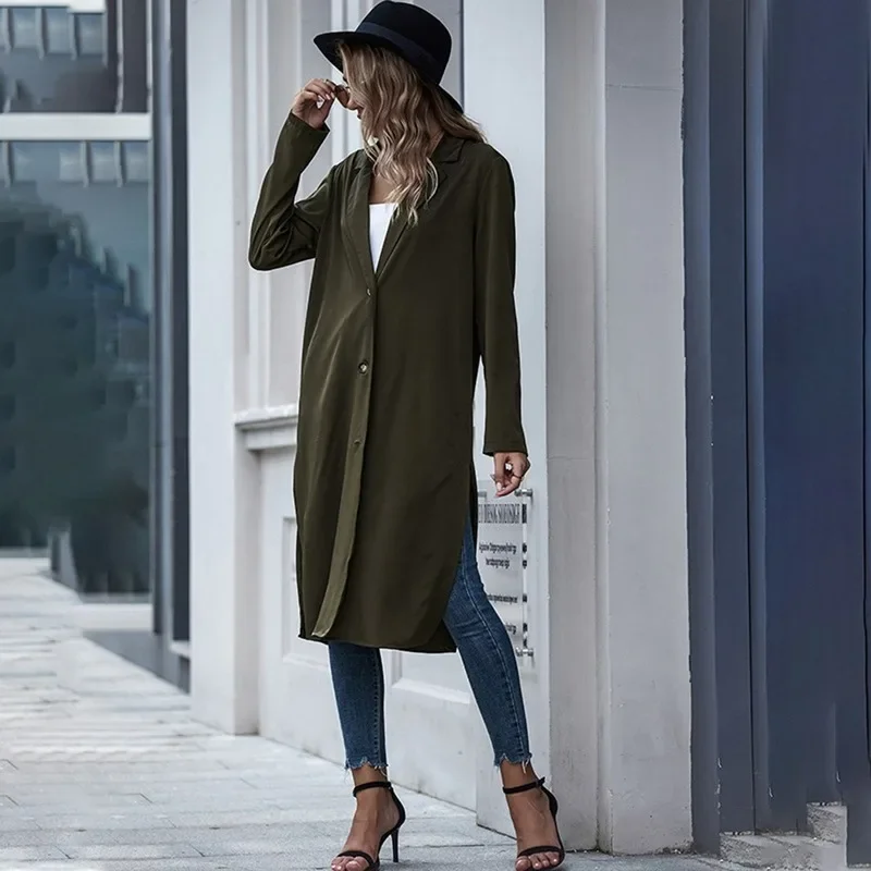 Women Solid Colors Windbreaker Style Blazer Single Breasted X-Long Suits Street Indie Fashion 2023 Office Commute Casual Blazers