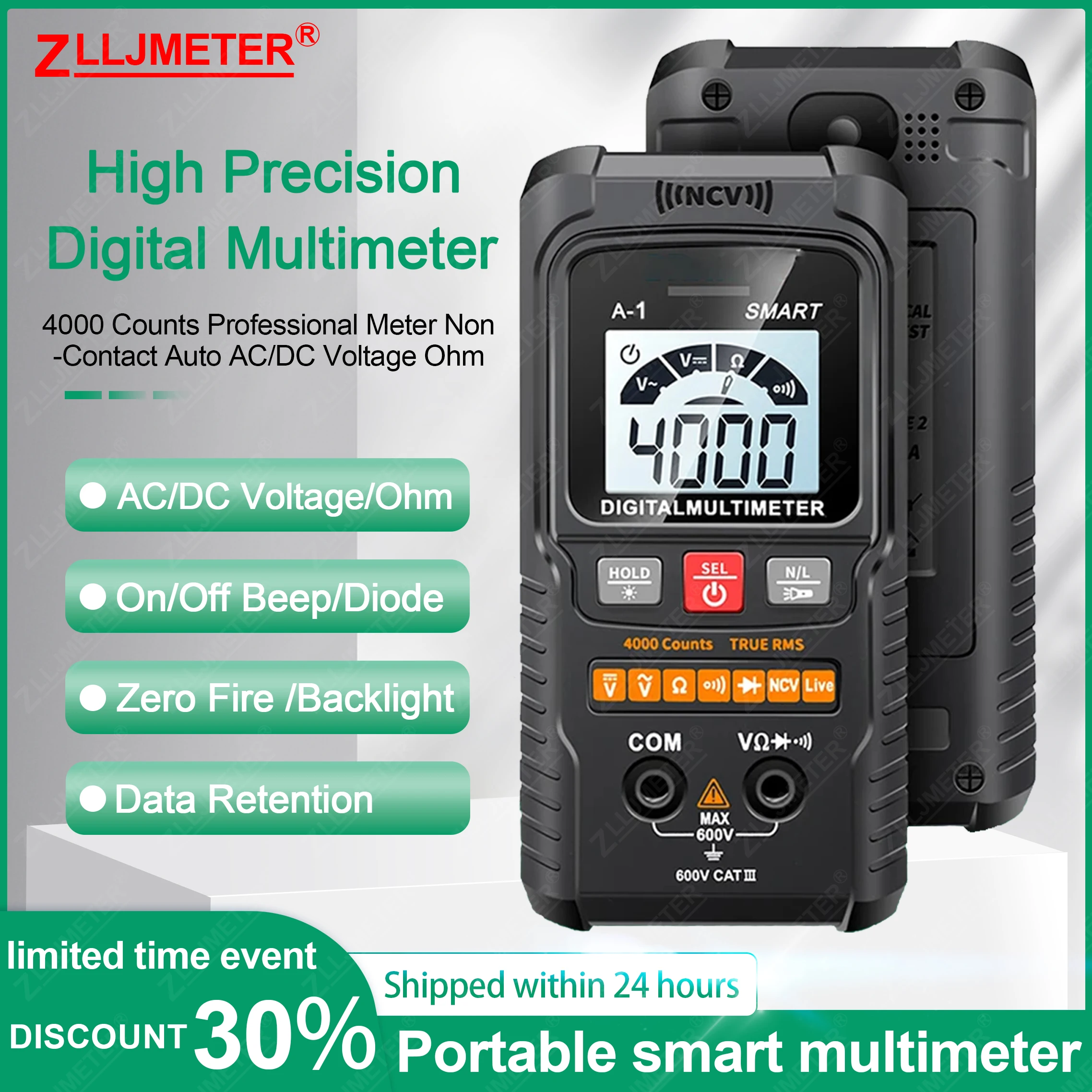 

New Smart Digital Multimeter 4000 Counts Professional Meter Non-Contact Auto AC/DC Voltage Ohm Diode Capacitance DMM Tester
