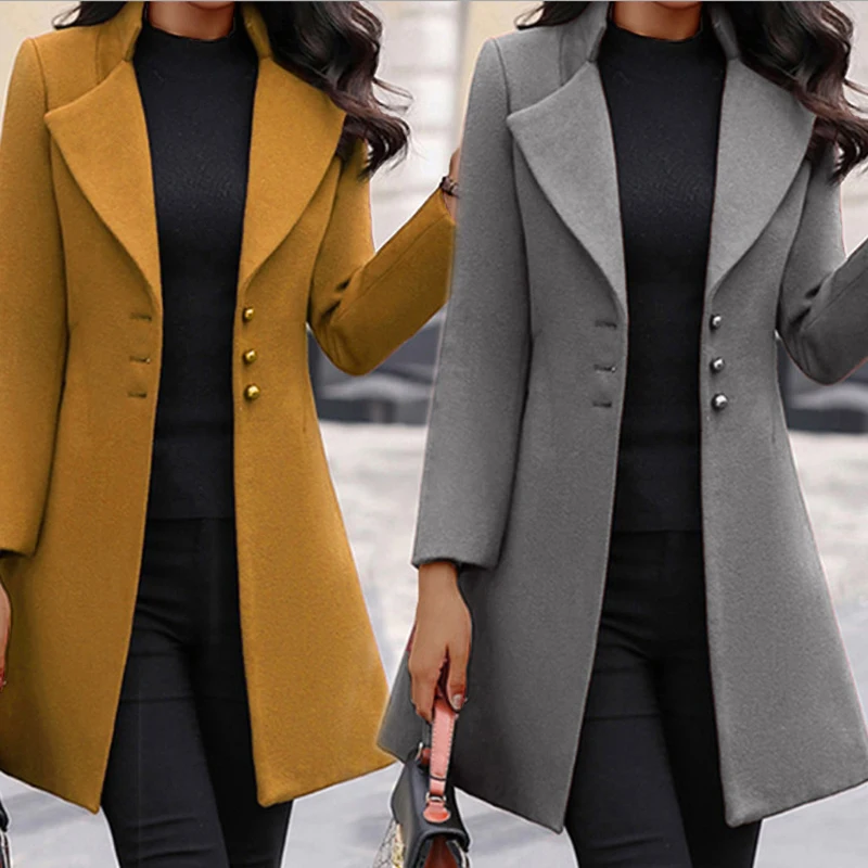 

2023 Autumn Winter New Woolen Coat Women Yellow Black Stand Collar Single-breasted Outer Wear Korean Style Slim Jacket Plus Size