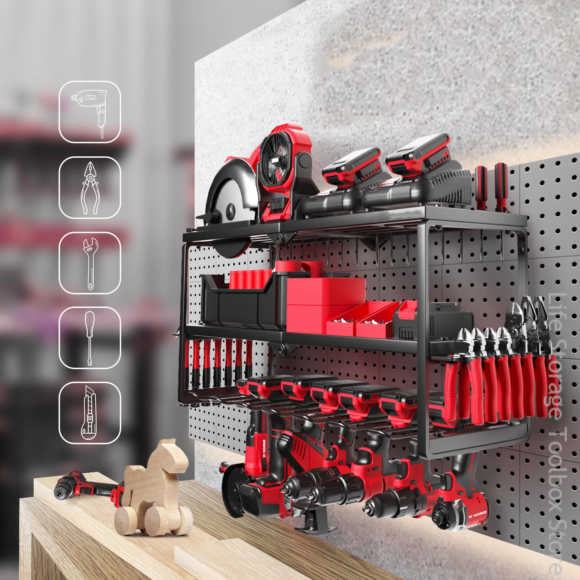 Tool Organizer Power Tool Holder 3-Layer Heavy Duty Pegboard Wall Storage Tool Set Drill Screwdriver Rack Workshop Cabinet