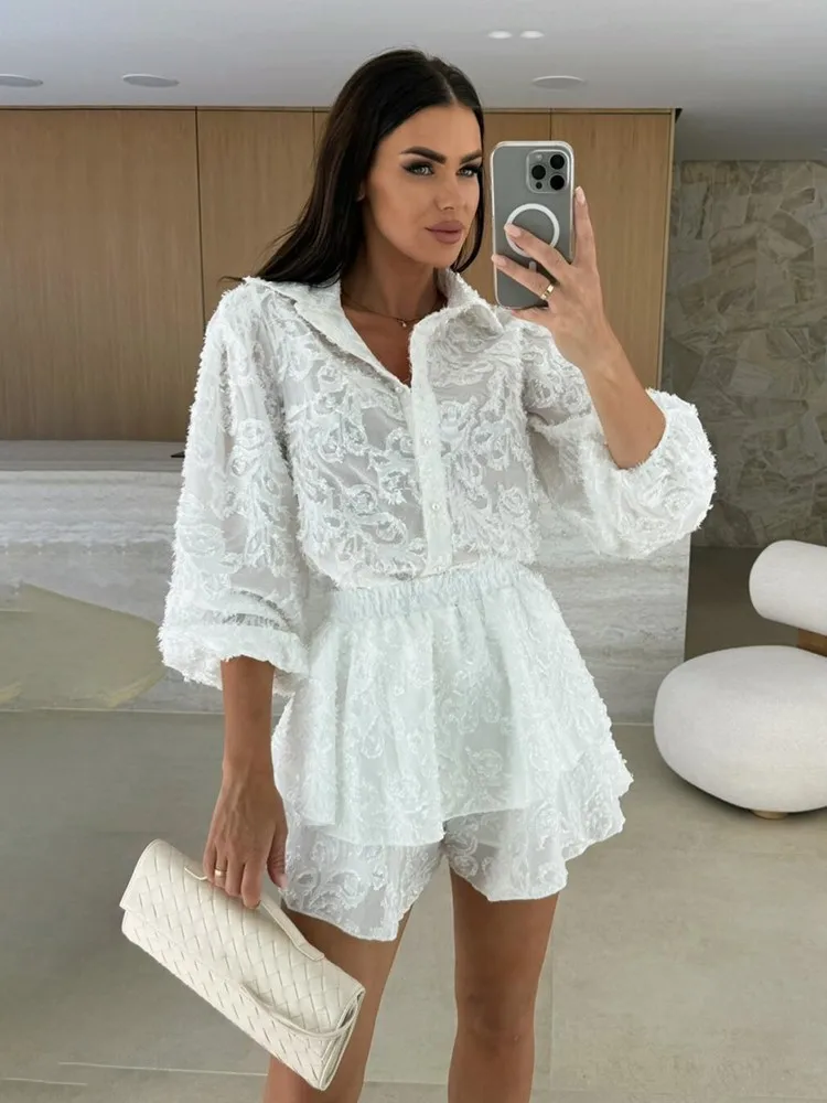 Fashion Holiday Lace Short Sleeve Hollow Top Skirt Set