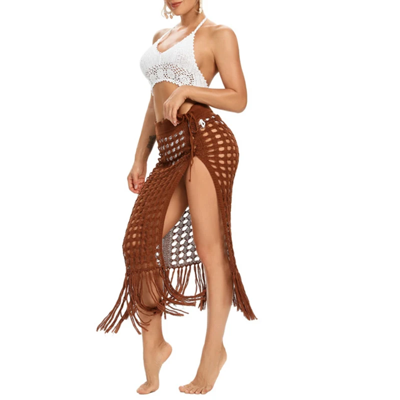 Womens Crochet Bikini Cover Up Skirt Knitted Wrap Maxi Side Split Swimsuit Dress Hollow Out Mesh Beach Swimwear Skirt