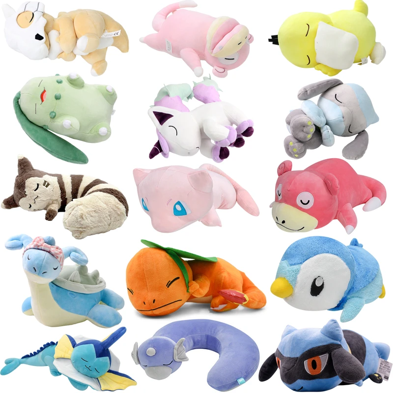 Kawaii Pokemon Sleep Cubone Slowpoke Chikorita Psyduck Lucario Piplup Plush Pilows Toys Lapras Furret Dragonair Mew Peluche Doll