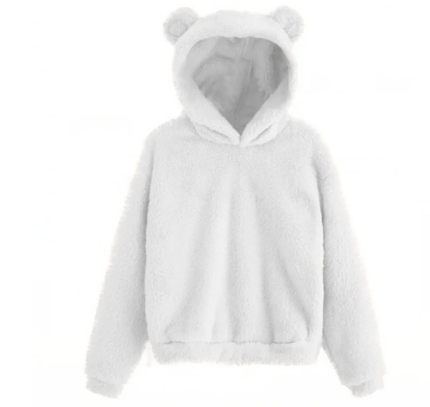 Fluffy Hoodies Women Kawaii Sweatshirt Cute Bear Ear Hooded Autumn Winter Warm Pullover Long Sleeve Outwear Fleece Coat Moletom
